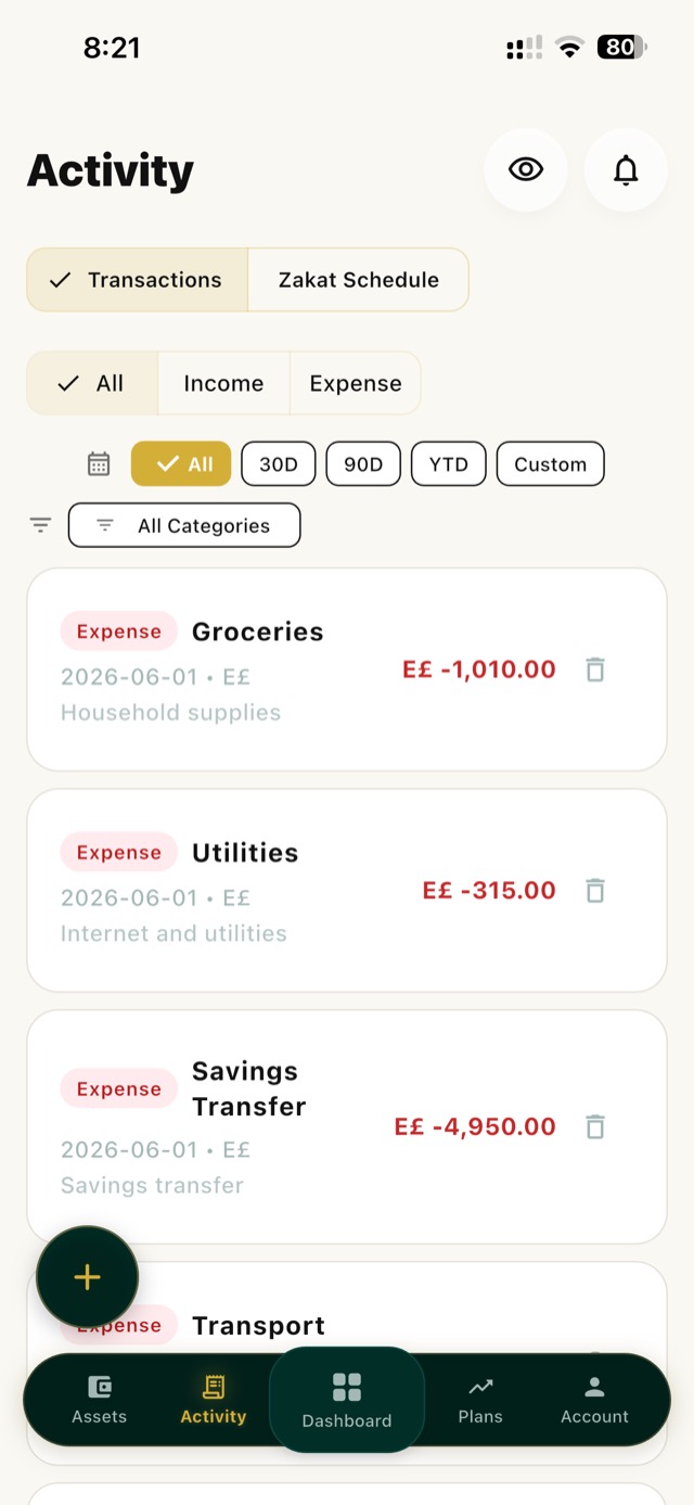 Zakah Wealth Activity screen